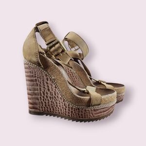 Tory Burch Tan Suede Croc-Effect Platform Wedge Sandals